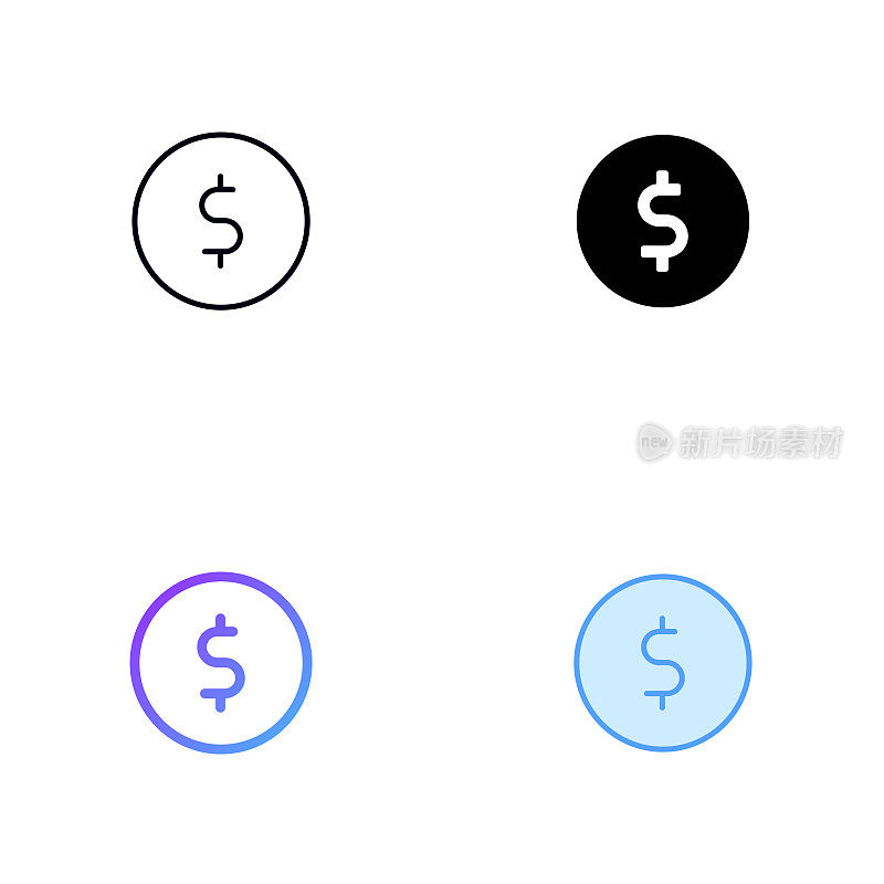 美国硬币图标设计在四种风格与可编辑的笔画。线，实线，平线和颜色梯度线。适合网页，移动应用，UI, UX和GUI设计。